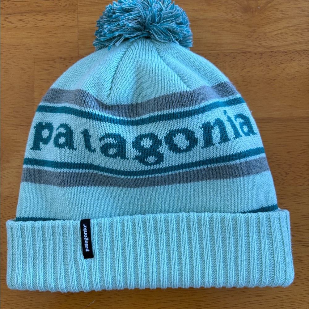 Patagonia Teal and Gray Striped Beanie